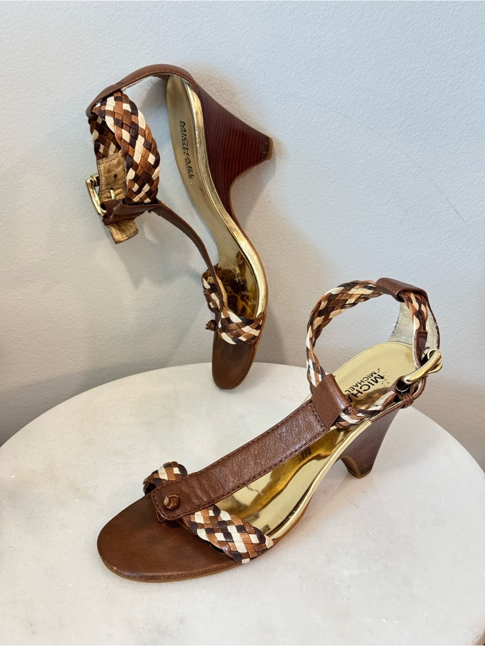 MICHAEL Michael Kors Brown Braided Strap Heeled Sandals with Gold Accent